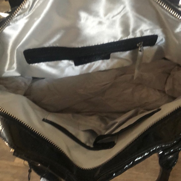 Calvin Klein Lowen East/West Satchel, Black/White, One Size  Calvin Klein BLACK LACQUERED SATCHEL PURSE BAG NEW